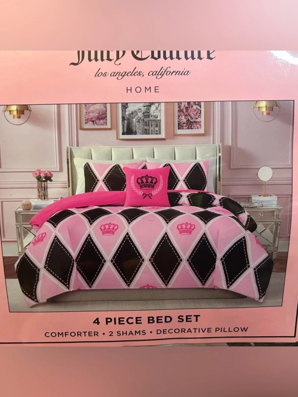 Juicy Couture Pink and Black Crown Argyle Comforter Set